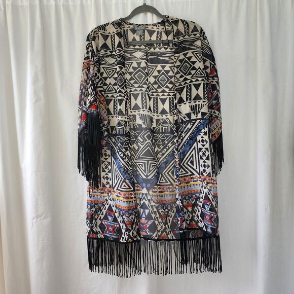 Angie kimono duster aztec western fringe multi S boho beach coverup  festival - Picture 6 of 11